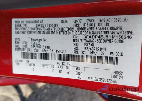 2017 Ford Fiesta Se z USA, uszkodzony, nr VIN 3FADP4EJ8HM156646